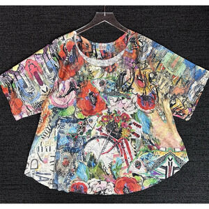 Et' Lois Art to Wear Soft Knit Top Flowy Artsy Short Sleeve Multicolor Medium